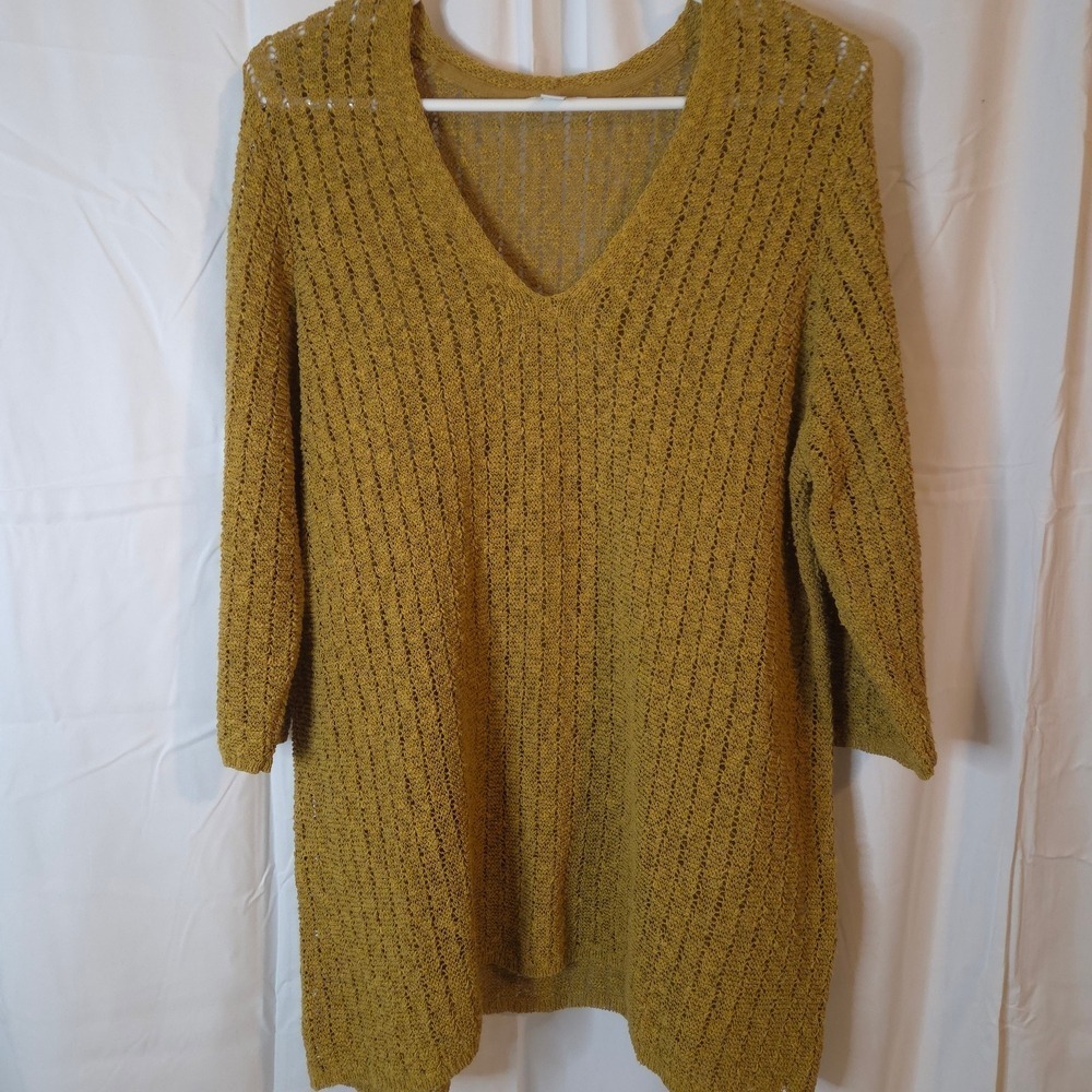 J. Jill Mustard Color Open Knit V-Neck Tunic Sweater 3/4 Sleeves Size XL